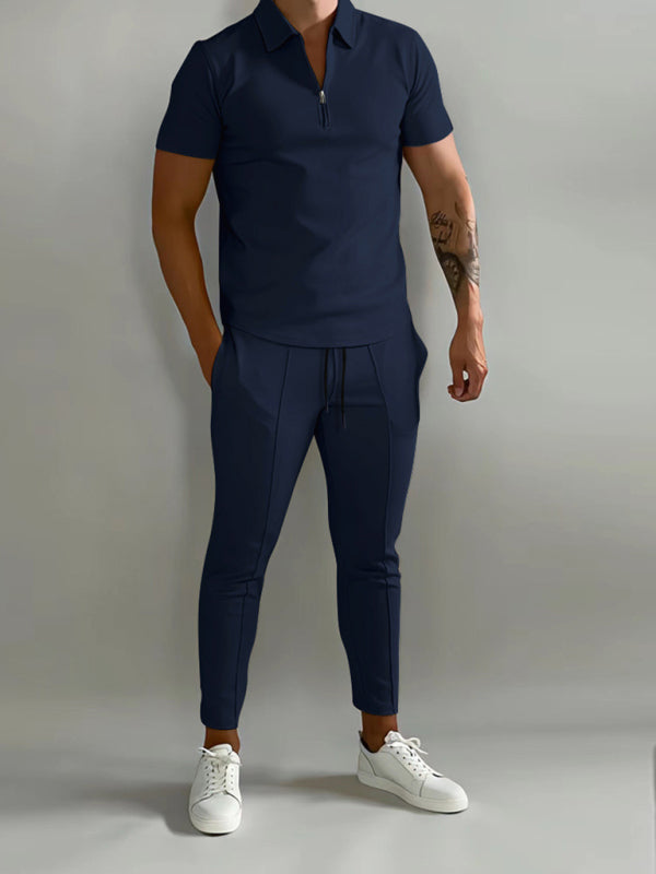 Men's solid color lapel short-sleeved POLO shirt + trousers two-piece suit, Shop the Look, 5 colors