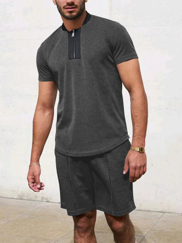Men's Contrasting Color Waffle V-Neck Zipper T-Shirt + Shorts Casual Suit, Shop the Look,  5 colors