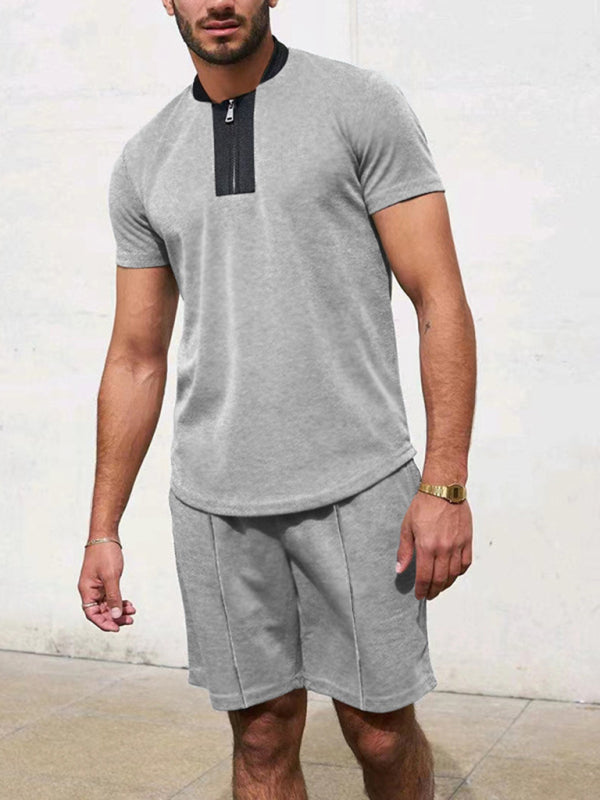 Men's Contrasting Color Waffle V-Neck Zipper T-Shirt + Shorts Casual Suit, Shop the Look,  5 colors