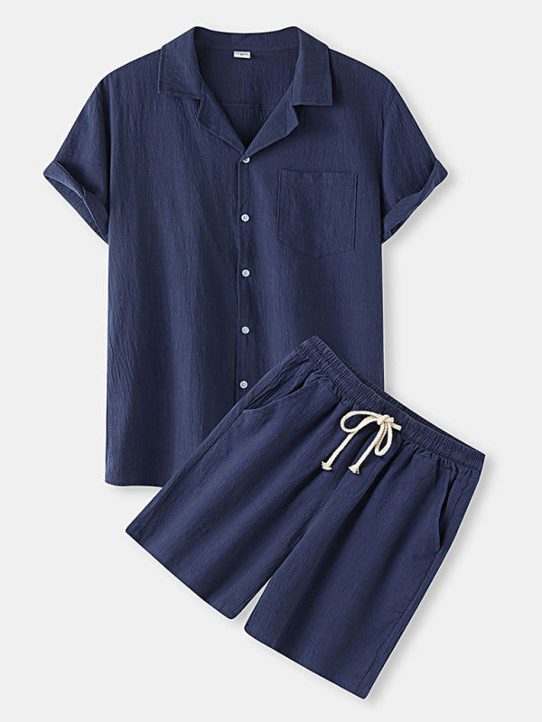 Men's solid color short-sleeved T-shirt shorts cotton linen casual suit, Shop the Look, 6 colors