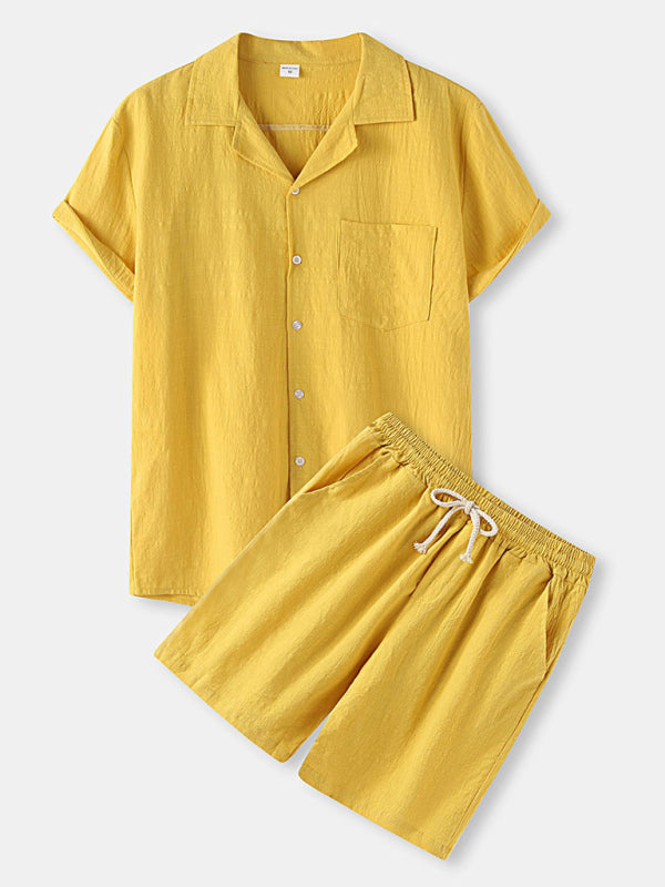 Men's solid color short-sleeved T-shirt shorts cotton linen casual suit, Shop the Look, 6 colors