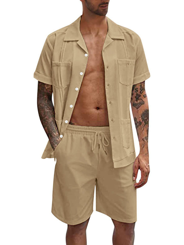 Sports Short Sleeve Shorts Linen Loose Casual Men's Shirt Set, Shop the Look, 4 colors