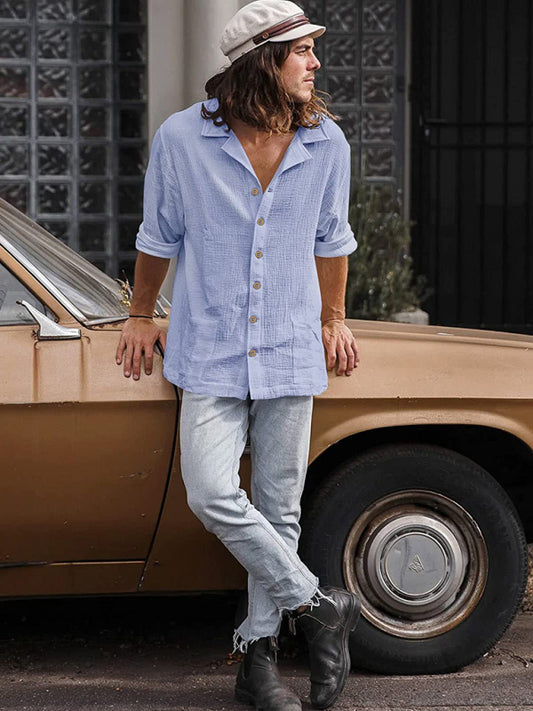 Men's Loose Plus Size Casual Lapel Long Sleeve Shirt Solid Color Shirt,4 colors