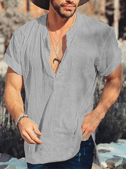 Summer solid color round neck short sleeve simple cotton linen shirt men, 3 colors