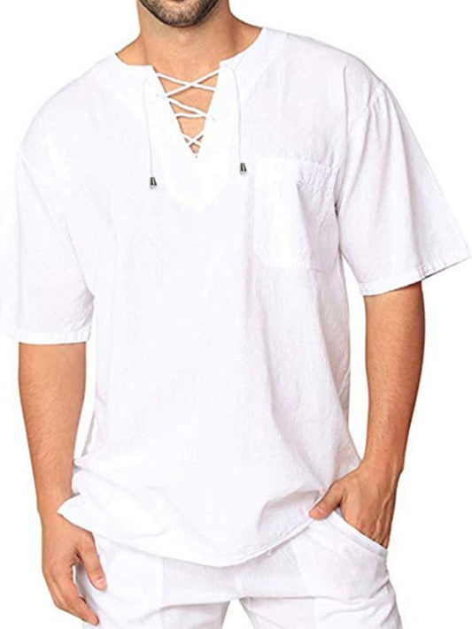 New Men's Short Sleeve T-Shirt Cotton Linen Tie Collar Casual