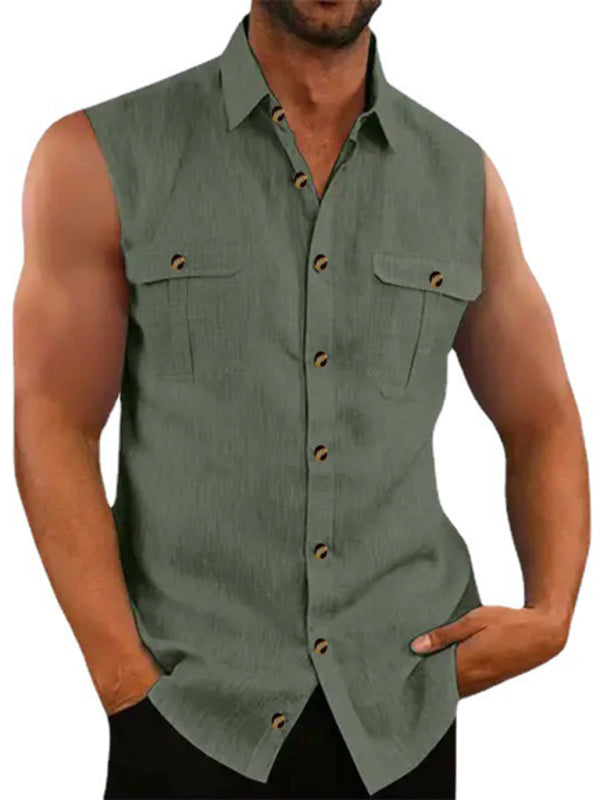 Cotton linen solid color sleeveless fashion washed cotton shirt, 4 colors