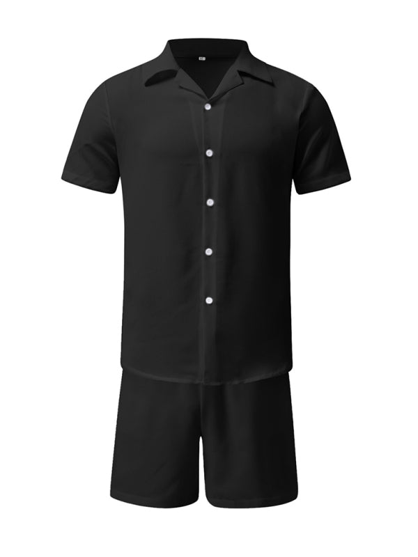 Men's Summer Lapel Cotton Linen Solid Color Short Sleeve Shorts Set, Shop the Look, 5 colors