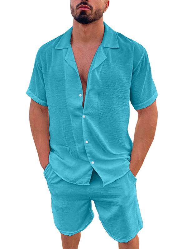 Men's Summer Lapel Cotton Linen Solid Color Short Sleeve Shorts Set, Shop the Look, 5 colors