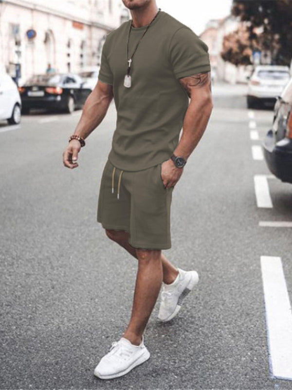 New Men's Casual Solid Color Short Sleeve Shorts Two-Piece Set, Shop The Look, 16 colors