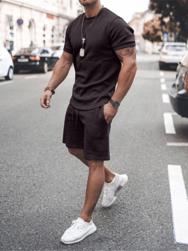 New Men's Casual Solid Color Short Sleeve Shorts Two-Piece Set, Shop The Look, 16 colors