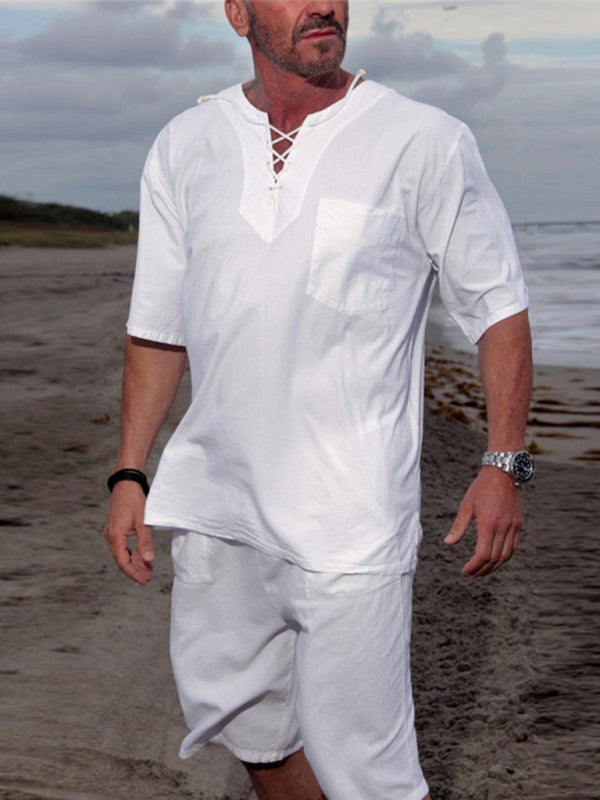 Men's casual solid color lace-up beach cotton and linen suit, Shop The Look, 2 colors