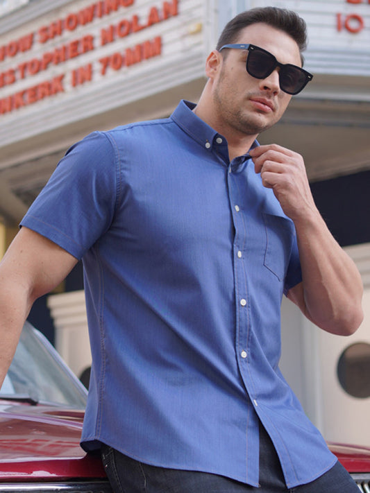 Plus Size Men's Short Sleeve Shirt Loose Casual Stretch Denim Shirt, 2 colors