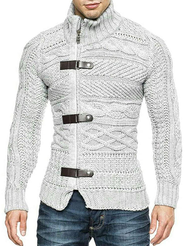 Men's Leather Button Long Sleeve Knitted Cardigan Jacket, 6 colors