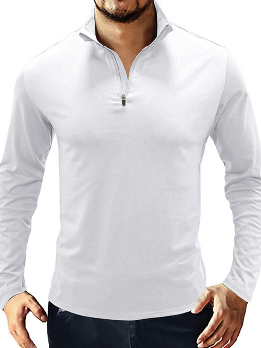 New Men's Long Sleeve Stand Collar Pullover Zip Polo Shirt, 6 colors