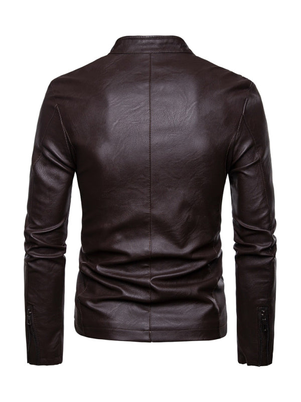 Men's Zippered Motorcycle stand collar faux leather jacket, Shop the Look, 3 colors