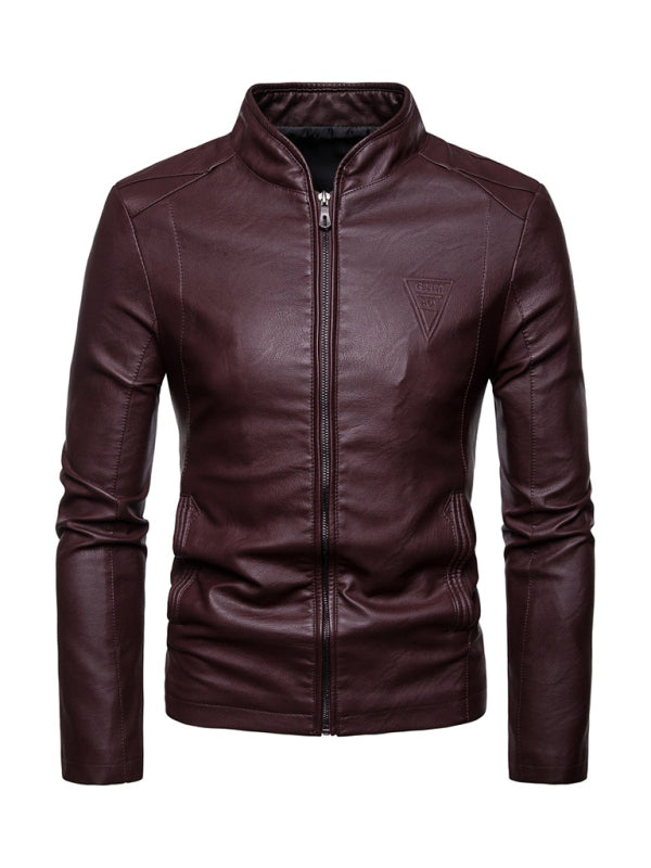 Men's Zippered Motorcycle stand collar faux leather jacket, Shop the Look, 3 colors