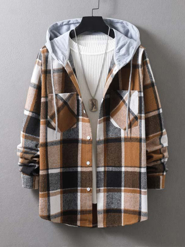 Men's plaid hooded casual jacket shirt coat, 5 colors