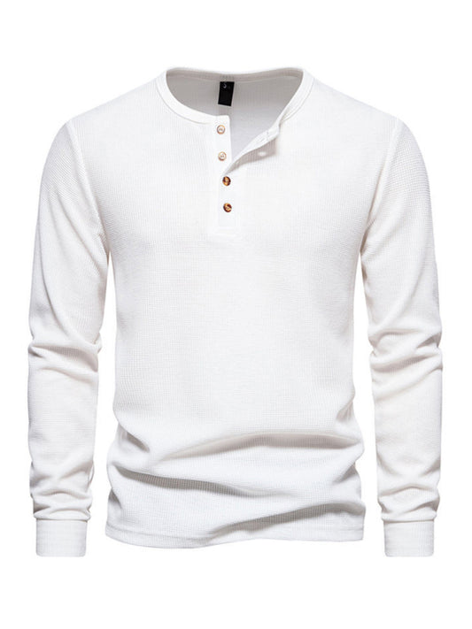 Men's Four Button Waffle Henley Neck Long Sleeve T-Shirt, 6 colors