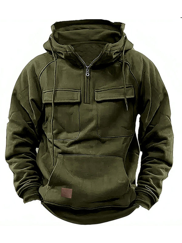 Men's hooded solid color sports multi-pocket leather sweatshirt jacket, 6 colors