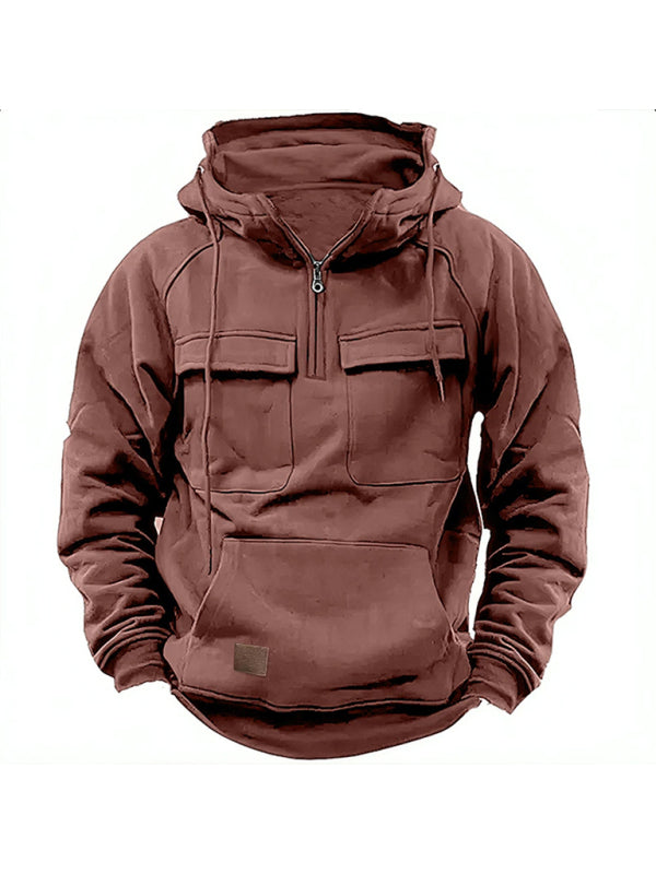 Men's hooded solid color sports multi-pocket leather sweatshirt jacket, 6 colors