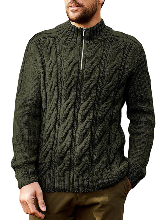 Men's  solid color zipper half turtleneck long sleeve sweater