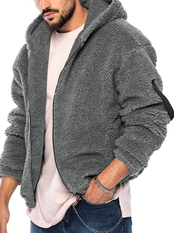 Men's double-sided arctic velvet hooded solid color warm zipper jacket, 4 colors