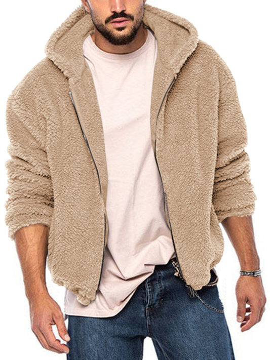 Men's double-sided arctic velvet hooded solid color warm zipper jacket, 4 colors