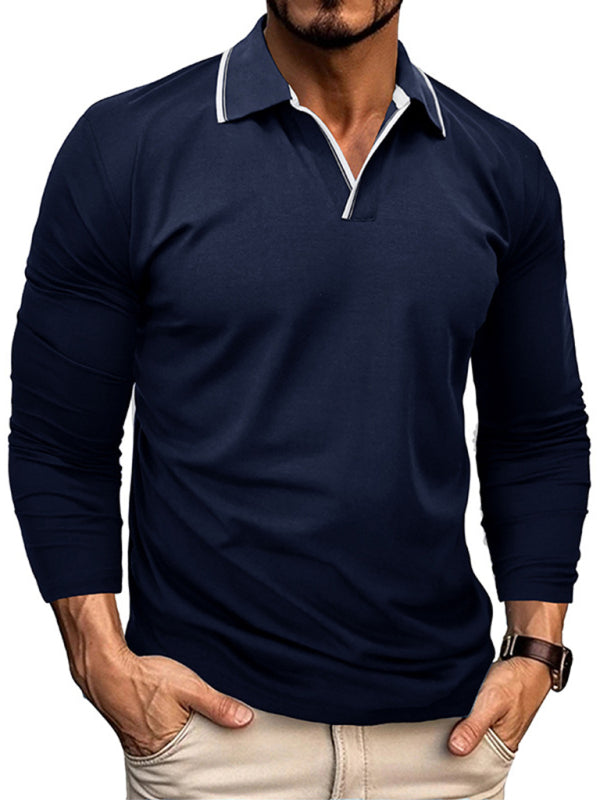 Men's new long-sleeved V-neck lapel contrasting color POLO shirt, 6 colors