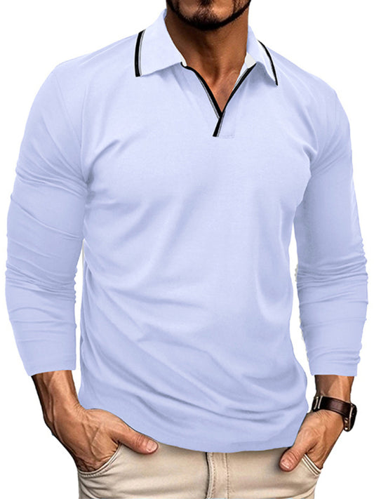Men's new long-sleeved V-neck lapel contrasting color POLO shirt, 6 colors