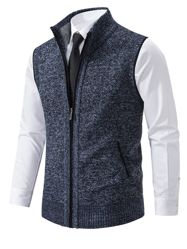 Men's stand collar sleeveless knitted casual thickened lining vest jacket, 6 colors