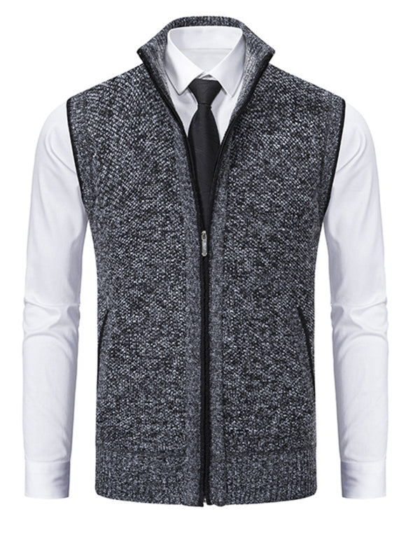 Men's stand collar sleeveless knitted casual thickened lining vest jacket, 6 colors