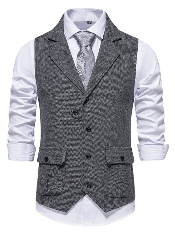 Men's herringbone tweed suit vest retro lapel vest, 4 Colors
