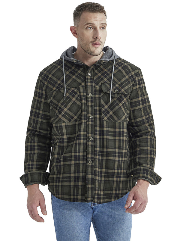 Men's plaid loose warm hooded jacket, 3 colors