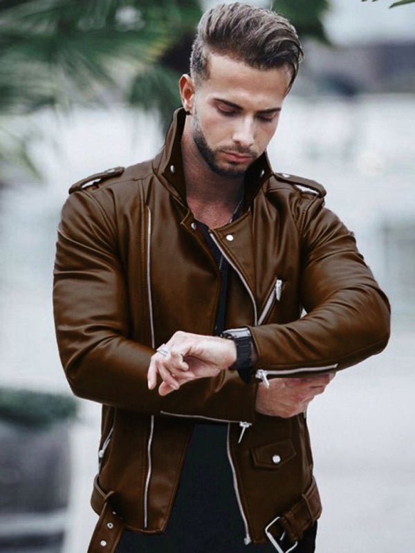 Men's stylish zipper faux leather biker jacket, Shop the Look, AI model wearing a similar jacket