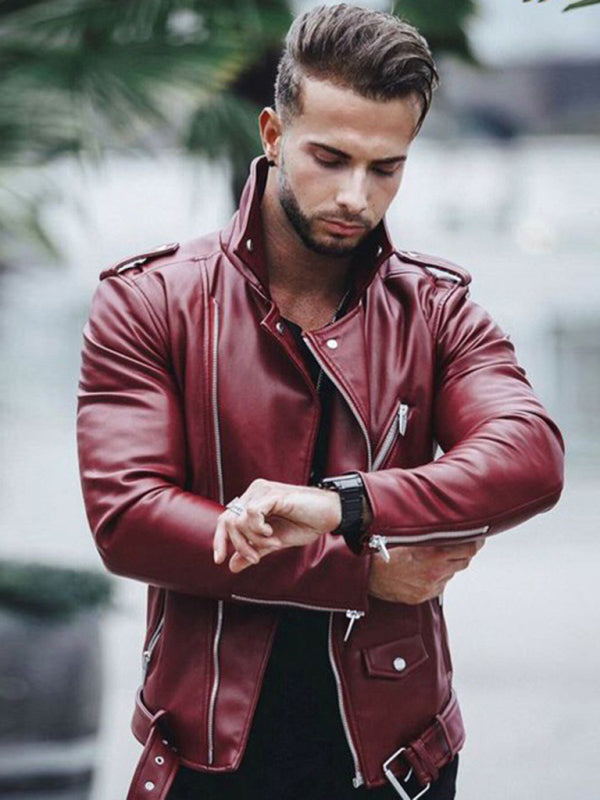 Men's stylish zipper faux leather biker jacket, Shop the Look, AI model wearing a similar jacket