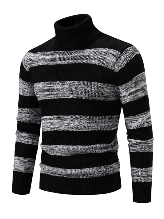 Men's Striped Patchwork Turtleneck Slim Fit Sweater Base Layer