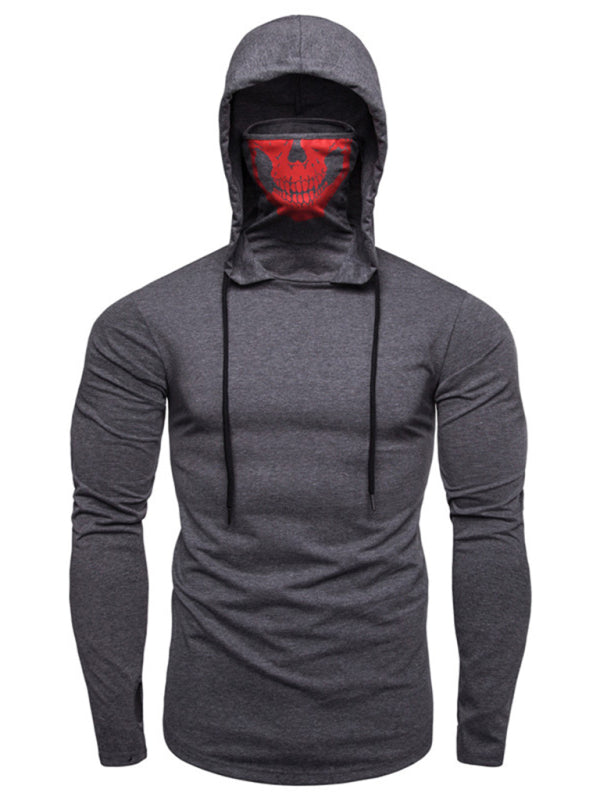 Men's new fitness cycling elastic mask skull print hooded pullover long-sleeved T-shirt, 3 colors