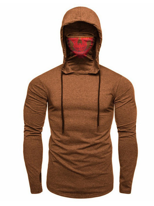 Men's new fitness cycling elastic mask skull print hooded pullover long-sleeved T-shirt, 3 colors