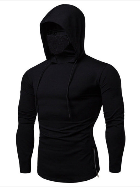 Men's new fitness cycling solid color elastic mask hooded pullover long-sleeved T-shirt sweatshirt, 2 colors