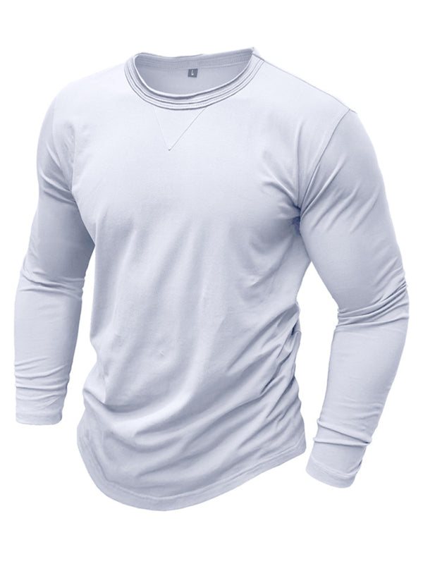 Men's solid color round neck long sleeve cotton t-shirt, 6 colors