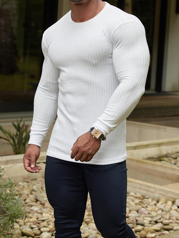 Fitness casual elastic vertical stripe round neck long-sleeved T-shirt, 5 colors