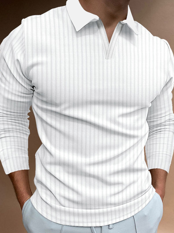 Casual stand-up collar stretch vertical strip long-sleeve V-neck POLO, 3 colors