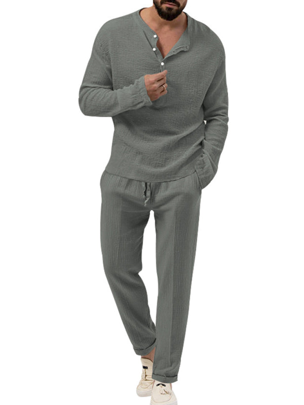 Men's new solid color casual long-sleeved shirt and trousers suit, Shop the Look,  6 colors