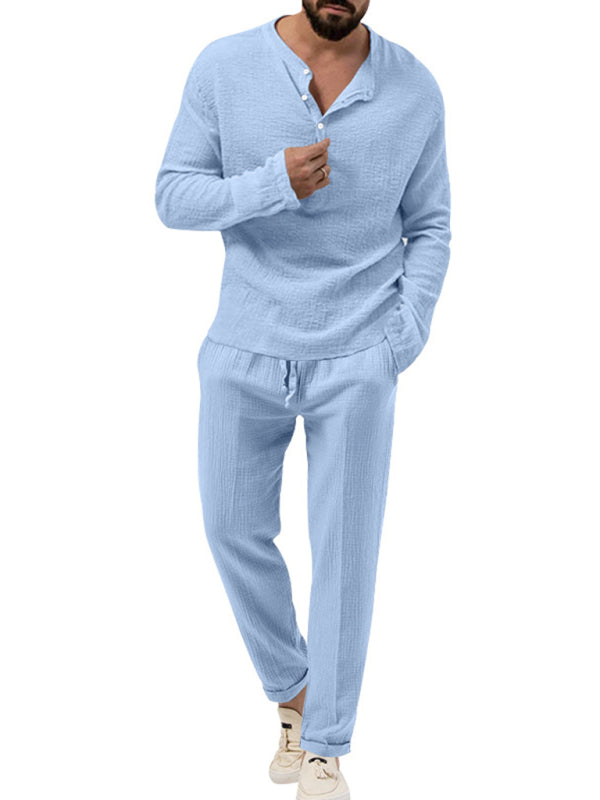 Men's new solid color casual long-sleeved shirt and trousers suit, Shop the Look,  6 colors
