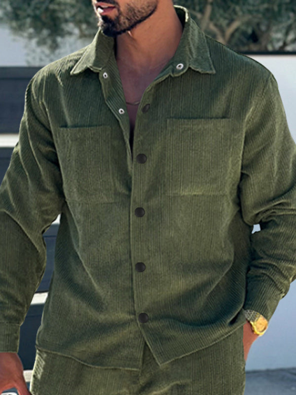 Men's new casual multi-pocket solid color corduroy button-down shirt, 3 colors