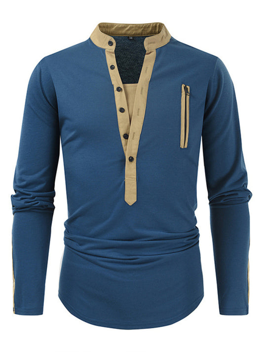 Men's New Outdoor Tactical Zipper Colorblock Henley Collar Long Sleeve T-Shirt, 5 colors
