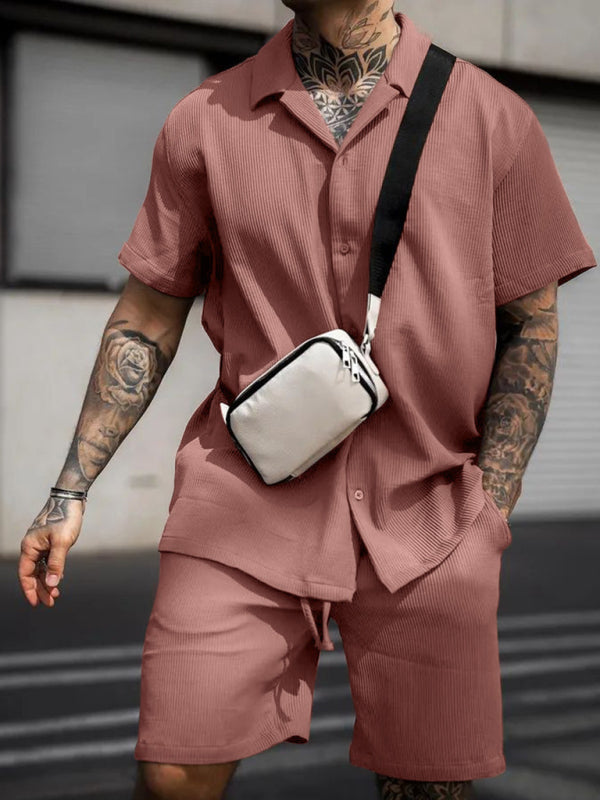 Men's Casual Comfortable Button Lapel Short Sleeve Shorts Set, Shop the Look, 5 Colors