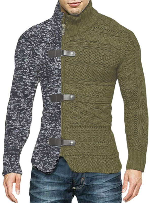 Men's high -necked color skin buckle long -sleeved knit sweater cardigan, 6 color combinations