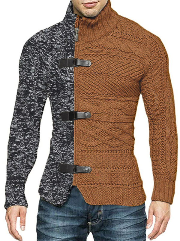 Men's high -necked color skin buckle long -sleeved knit sweater cardigan, 6 color combinations
