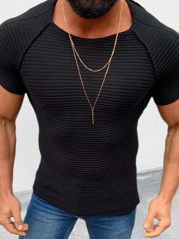 Men's new solid color slim round neck short-sleeved knitted top, 3 colors